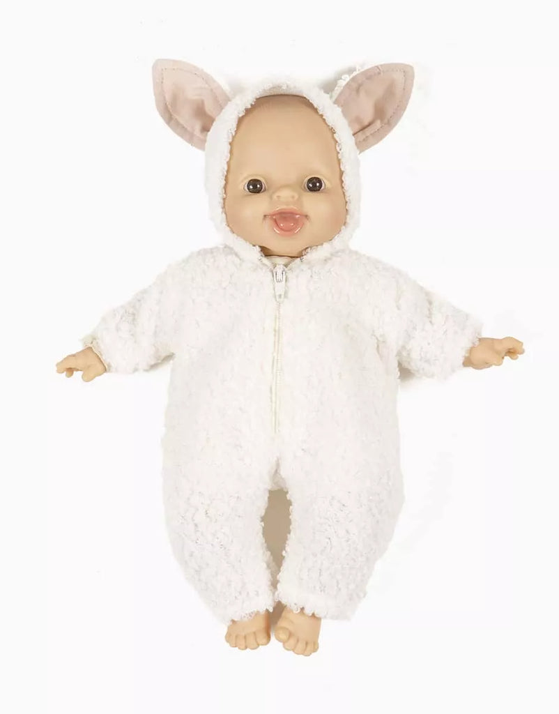 A Minikane 11" Doll wears the Jeannot Jumpsuit & Diaper in Suitcase Set—a fluffy white jumpsuit with a hood and light brown animal ears—shown on a white background.