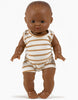 Standing against a plain white background, Léon, a 13-inch Minikane Doll, features a brown-skinned complexion and wears the charming Marcel set in brown sugar stripes. With its arms slightly outstretched and dressed in the beige and white striped sleeveless onesie, this phthalate-free vinyl doll offers safe and endless imaginative playtime adventures.