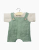 The Minikane Doll Clothing set, named the Antonin Sage Green Linen Overalls and Linen Jersey T-Shirt Set, features a charming baby outfit on a hanger. It includes sage green linen overalls with two front pockets and wooden button straps, paired with a beige short-sleeved linen jersey t-shirt underneath. Perfectly designed for Minikane Gordis dolls, all set against a white background.