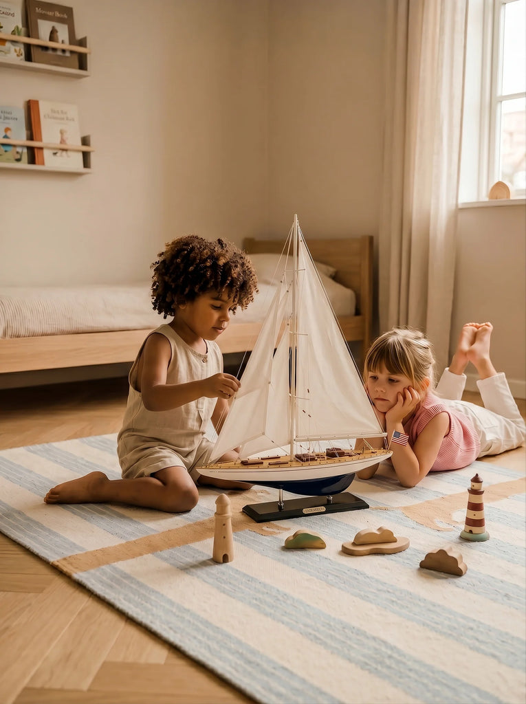 Two children play on the Little Forest Animals Silk Rug — The Regatta Series — The Endeavour with a handcrafted sailing yacht and wooden toys in a cozy, sunlit bedroom. Shelves with books and a bed are in the background as light streams through a nearby window.