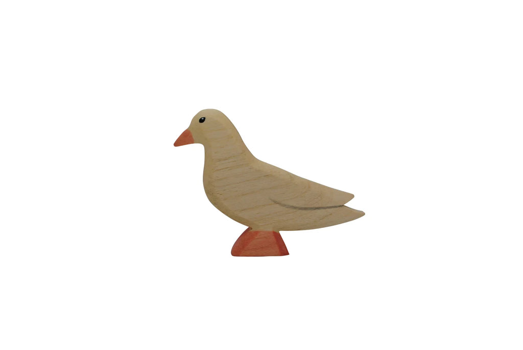 A simple high-quality Handmade Holzwald Dove, painted in soft beige with red feet, standing upright on a white background.