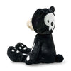 The Steiff Mr. Bones Teddy Bear wears a black skeleton costume with white bone patterns and a skull on its head, sitting sideways—a spooky-cute plush perfect for any Halloween collection.