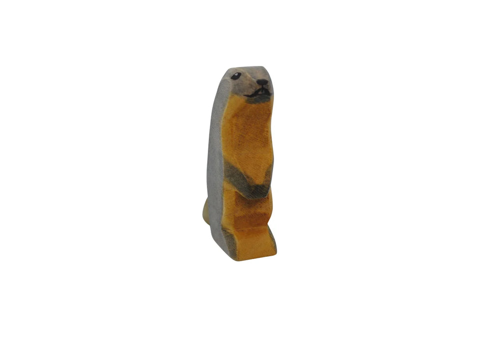 A Handmade Holzwald Marmot, featuring an upright posture and distinguished by its natural wood grain with black and orange stripes, isolated against a white background. This piece is an example of high