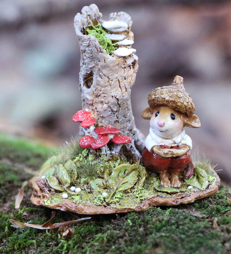 Handmade in the USA, the Wee Forest Folk Tiny Collectible - My Happy Place features a small mushroom and tree stump figurine.