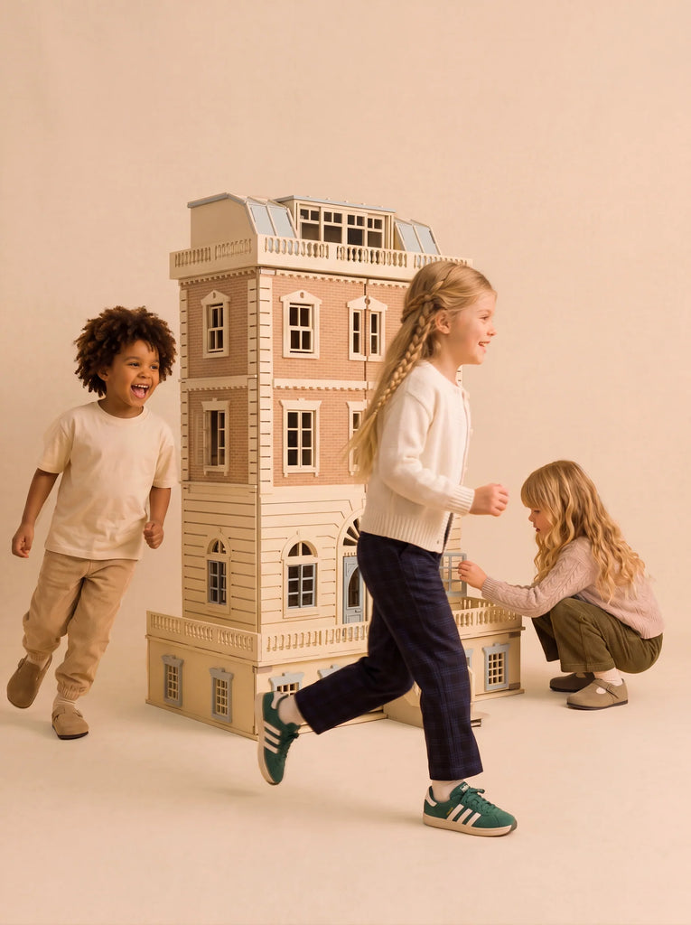 Three children play around the Fully Furnished Dollhouse With Lights, House of New York - The Six-Storey Giant. One child runs in the foreground, another laughs while walking, and a third kneels beside the intricately detailed, fully furnished dollhouse, engaging with its features. The background is a light beige color.