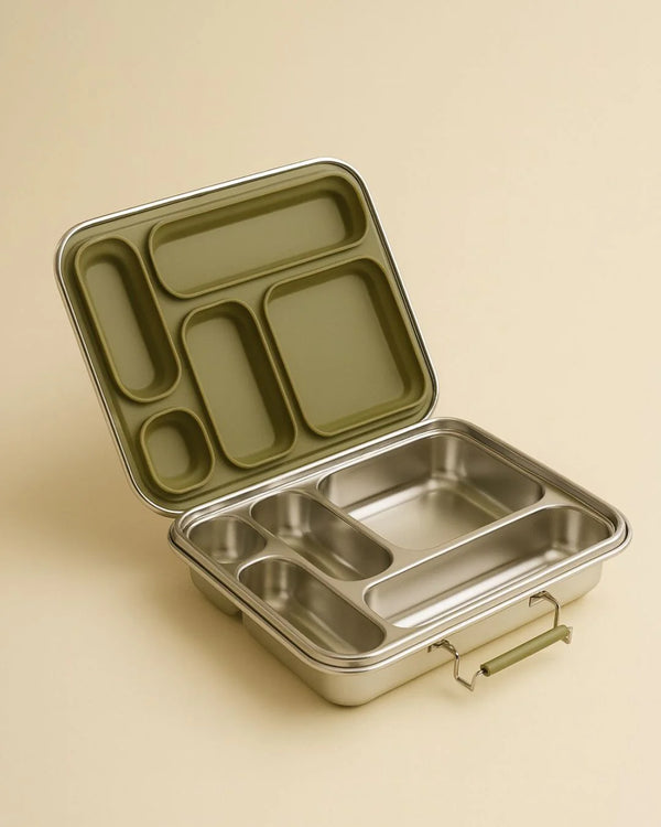 The Haps Nordic - Stainless Steel Lunch - Olive is an eco-friendly food container with five compartments and a green removable tray insert, shown open on a beige background.
