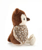 Oscar The Owl Stuffed Animal sits upright with brown and white spotted wings, emanating a bohemian charm. Its soft round body features a pointed beak and stitched eyes, all set against a plain white background.