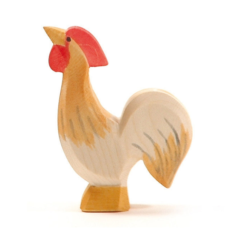 A Ostheimer Rooster - Ochre figurine with natural wood grain and painted details in red and black, showcasing a simplistic and artistic design, perfect for imaginative play.