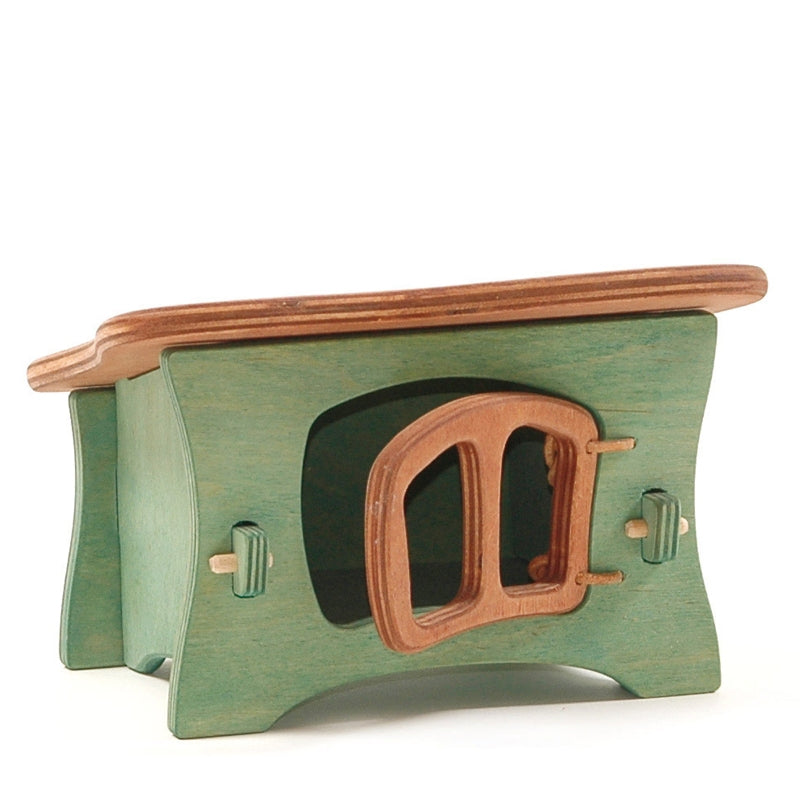 A small handcrafted Ostheimer Rabbit Hutch painted in green with brown trim, featuring an oven door and two control knobs.