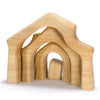 A set of handcrafted wooden nesting arches, crafted from light-colored wood, displayed against a white background. The Ostheimer House decrease in size from the largest outer one to the smallest inner one.