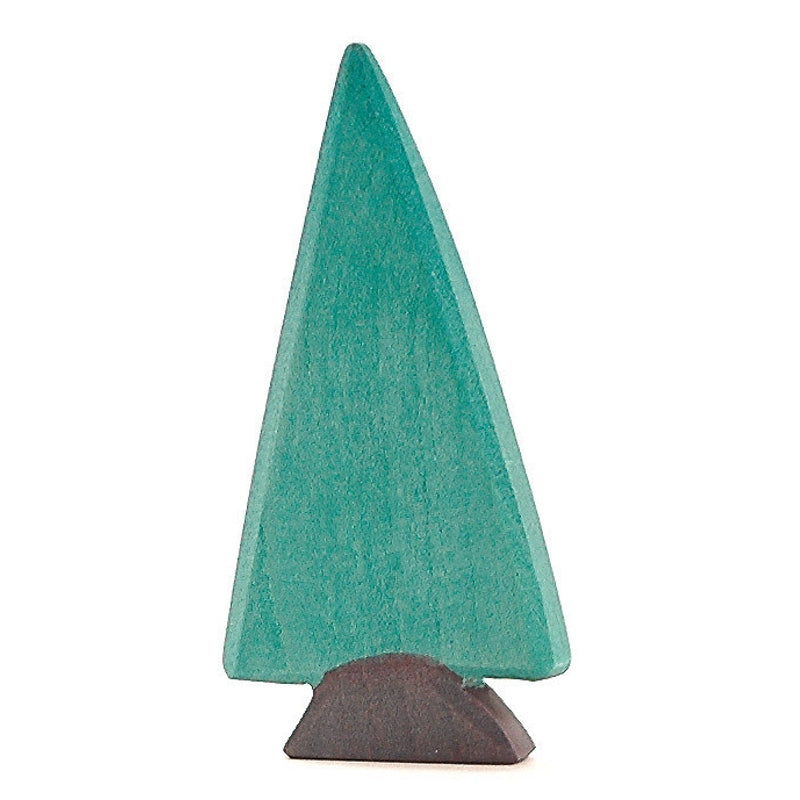 A simple handcrafted Ostheimer Spruce Tree decoration painted in teal with a dark brown base, isolated on a solid white background.