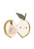 The Konges Sloejd Fabric Lemon Book is a soft sensory toy shaped like a sliced lemon with a smiling face, green leaf accents, "squeeze me" on the fabric leaf, and a small round mirror on one side.