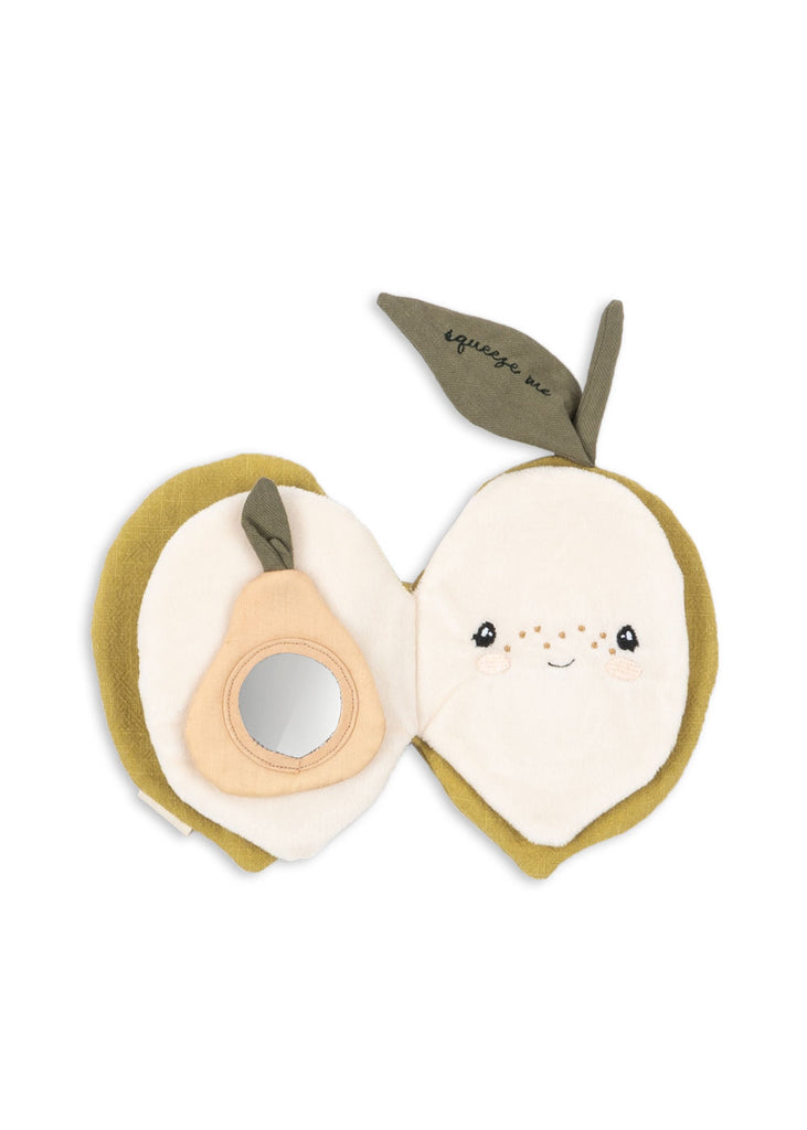 The Konges Sloejd Fabric Lemon Book is a soft sensory toy shaped like a sliced lemon with a smiling face, green leaf accents, "squeeze me" on the fabric leaf, and a small round mirror on one side.