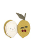 The Konges Sloejd Fabric Lemon Book is a soft, textured baby toy shaped like a lemon with a leaf and embroidered cherries—an ideal early sensory toy for babies.