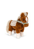 A Konges Sloejd Fiona Horse: a cuddly brown plush pony with a white mane, tail, and hooves, wearing a floral-patterned blanket and headstall.
