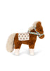 A Konges Sloejd Fiona Horse plush with a brown coat, cream-colored mane and tail, and a floral-patterned saddle blanket and matching bridle.