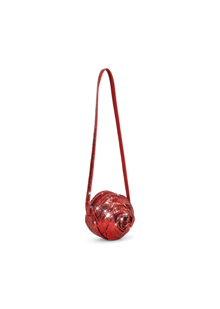 Konges Sloejd Rose Shoulder Bag in red glitter with a slim shoulder strap and zipper closure.