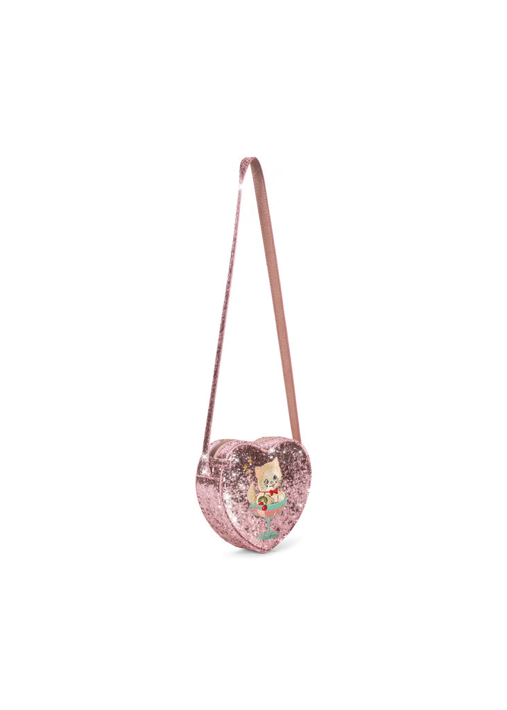 Konges Sloejd Tut Kitty Shoulder Bag in pink glitter, featuring a graphic of a kitten in a cocktail glass on the front.