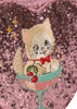 Konges Sloejd Tut Kitty Shoulder Bag is a heart-shaped pink sequined bag featuring an embroidered kitten wearing a red bow tie, sitting inside a glass with cherries.