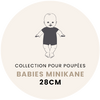 Illustration of a baby doll dressed in a dark outfit and the "Cream Knit Leonardo Tank Top" against a beige circle background. Text reads "Collection Pour Poupées," "Minikane Babies," and "28cm.