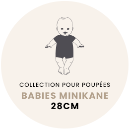 Illustration of a baby doll dressed in Antonin pebble cotton gauze overalls and a white jersey t-shirt, above the text "Collection pour poupées Babies Minikane 28cm" inside a beige circle.