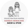 Illustration of Minikane dolls from the "Gordis Minikane" collection, standing at 34cm and 37cm tall. One doll, dressed in a Cream Knit Leonardo Tank Top, is seated while the other stands. The text reads "Collection pour poupées," emphasizing their cute sizes.