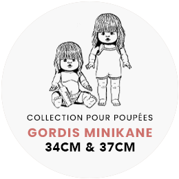 Illustration of Minikane dolls from the "Gordis Minikane" collection, standing at 34cm and 37cm tall. One doll, dressed in a Cream Knit Leonardo Tank Top, is seated while the other stands. The text reads "Collection pour poupées," emphasizing their cute sizes.