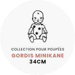 Illustration of a doll wearing a Winnie jumpsuit in ecru bouclette adorned with stars. Text reads, "Minikane Doll Clothing Collection for Gordis Dolls 34cm, made in France.