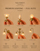 Six types of tiny, elegant lamps—table, candle, globe, wall, chandelier, and floor—are displayed against a beige background with text highlighting their quality craftsmanship, warm lighting effect, timeless design sensibility, and ideal scale for miniature interiors. Perfectly suited for the Fully Furnished Dollhouse With Lights, House of Monaco — The Grand Mansion or a Haussmann-inspired dollhouse setting, these exquisite lamps add a refined touch to luxurious miniature spaces.