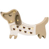 The Handmade Wooden Mini Lamp - Puppy is a dachshund-shaped children’s night light in beige, brown, and white, featuring heart cutouts and glowing LEDs—an ideal nursery decor piece for a warm, comforting glow.