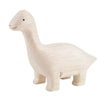 A handcrafted Brachiosaurus toy dinosaur with a simple, cartoon-style design, featuring a smiling face and standing on four legs, painted in a light, natural wood color with visible grain.