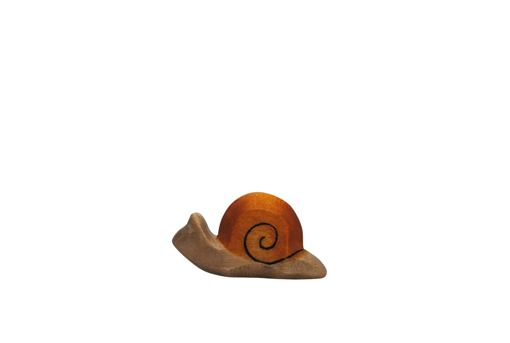 The Handmade Holzwald Snail is a small wooden figurine featuring a brown spiral shell and smooth light brown body—an ideal, charming, and sustainable toy for your collection.