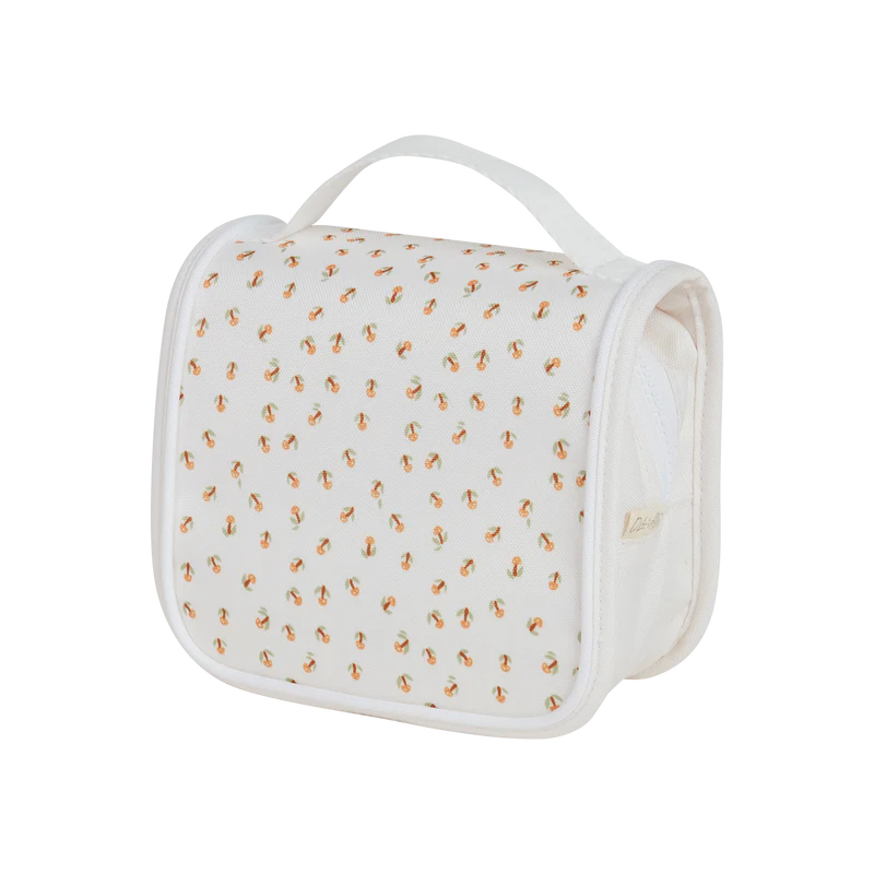 A Olli Ella See Ya Wash Bag - Leafed Mushroom adorned with a pattern of small orange foxes, featuring a zip closure and a top handle, crafted from recycled PET and displayed against a plain white background.