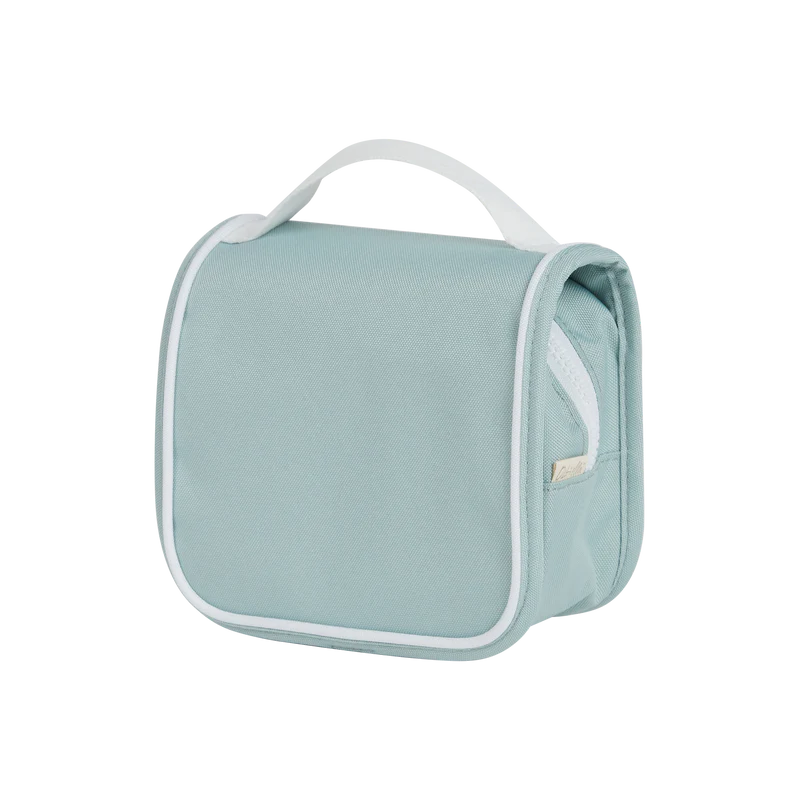 A light blue, soft Olli Ella See Ya Wash Bag in steel blue with a white handle and zipper, perfect as a travel buddy, isolated on a transparent background.
