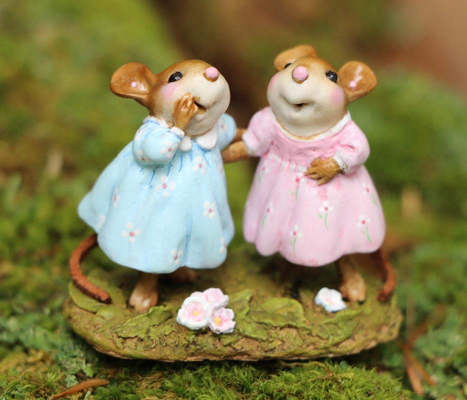 Two Wee Forest Folk Tiny Collectible - Funny Friends figurines, hand-sculpted mice in pastel blue and pink dresses, stand together on a mossy base with white flowers, appearing to happily interact.