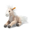 The Steiff Gola Dangling Horse, a soft plush toy with light beige fur, white mane and tail, gray hooves, and a yellow ear tag, sits upright against a white background.