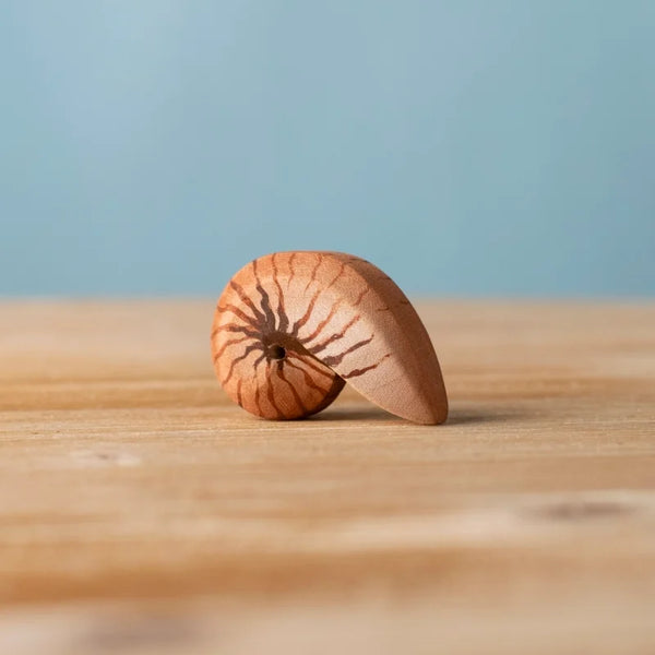 The Bumbu Handmade Wooden Spiral Shell is a small, carved wooden treasure with painted brown stripes, displayed on a light wood surface against a blue background.