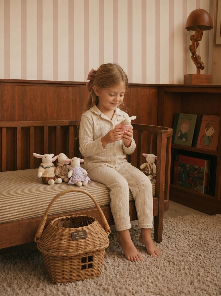 A young girl in cream pajamas sits on a wooden daybed, holding a Little Forest Animals — The Bellevue Family bunny doll. Four more organic cotton dolls from the same collection are lined up beside her. A rattan gift basket rests on a beige rug in front of the bed.