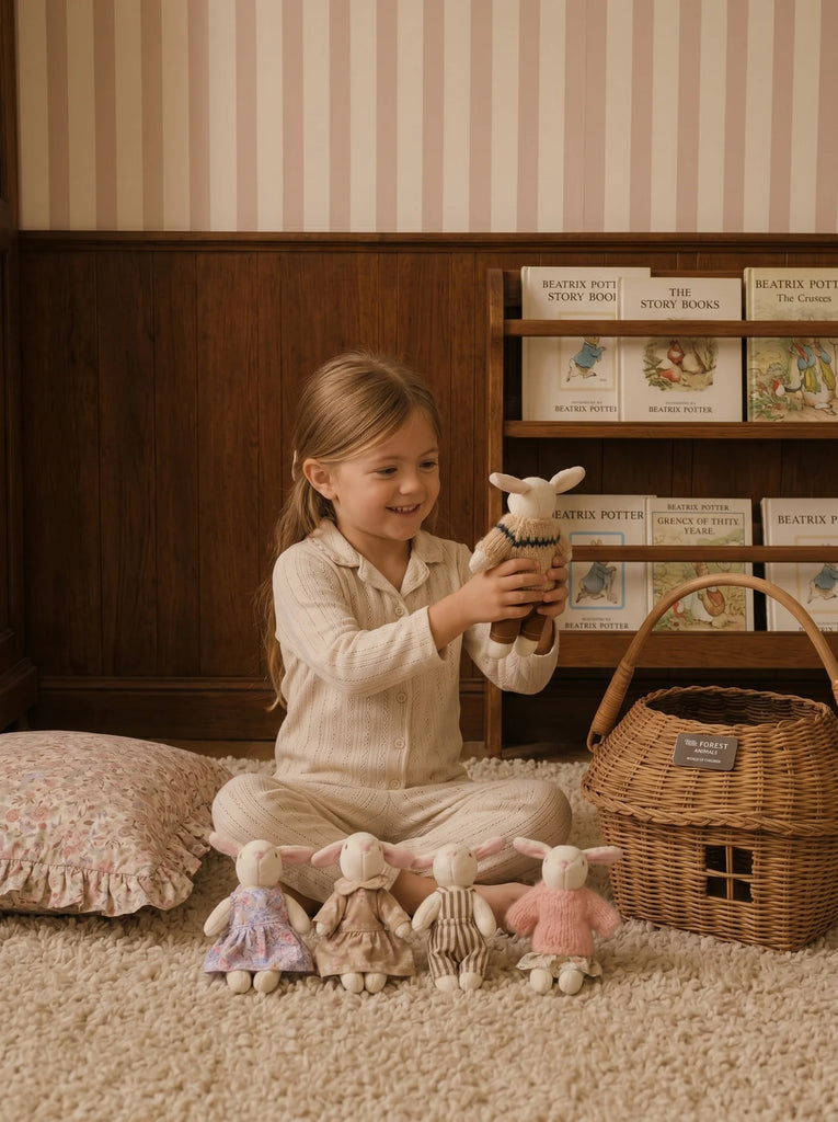 A young girl in pajamas sits on a carpet, smiling and holding a plush bunny from the Little Forest Animals — The Bellevue Family collection. Four other organic cotton dolls from the same family, a pillow, and a rattan gift basket are nearby. Books are displayed on shelves behind her.