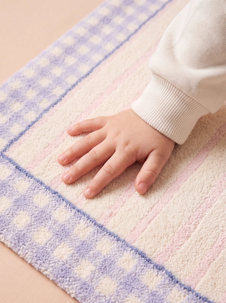 A small child's hand rests on the Little Forest Animals Silk Rug — The Gingham, a soft, hand-tufted rug featuring pastel-colored purple and white gingham borders with light pink stripes.