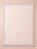 The "Little Forest Animals Silk Rug — The Gingham," a rectangular rug featuring pale pink vertical stripes and a blue gingham border evocative of hand-tufted detailing, is displayed flat on a neutral beige surface.