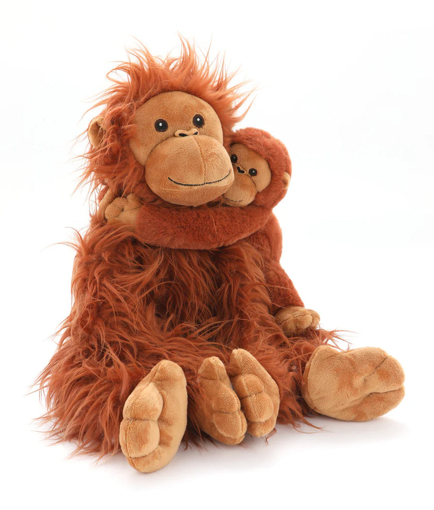 The Orangutans Stuffed Animal features two plush toys with brown, shaggy fur and friendly faces. The larger orangutan is seated while the smaller one hugs its neck from behind, showcasing a tender mother-daughter bond. Both have soft fabric and are posed against a plain white background, making them perfect jungle toys.