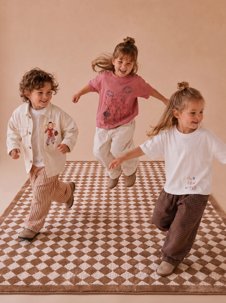 Three young children joyfully run and jump on The Diamond, a Little Forest Animals Silk Rug, in a modern child's room. They wear casual, neutral-toned outfits and have their hair styled in half-up buns. The plain beige background creates a warm, playful atmosphere.