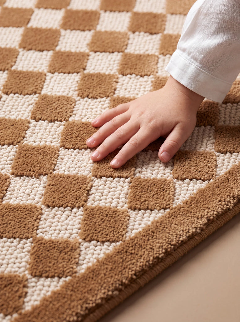 A child's hand touches the Little Forest Animals Silk Rug — The Diamond, highlighting its soft, raised texture and subtle diamond harlequin design in luxurious brown and beige tones.