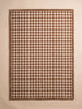 The Little Forest Animals Silk Rug — The Diamond is a rectangular hand-tufted rug featuring a repeating brown and white diamond checker pattern framed by a solid brown border, shown on a neutral background. This modern children's room rug skillfully combines contemporary style with plush comfort, making it an inviting spot for play and relaxation.