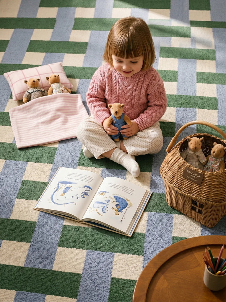 A young child sits on a checkered rug, holding a small plush from the Little Forest Animals — The Thompson Family collection. Nearby, an open picture book rests next to a rattan basket gift set filled with more toys, while two additional Thompson Family stuffed animals are tucked under a blanket.