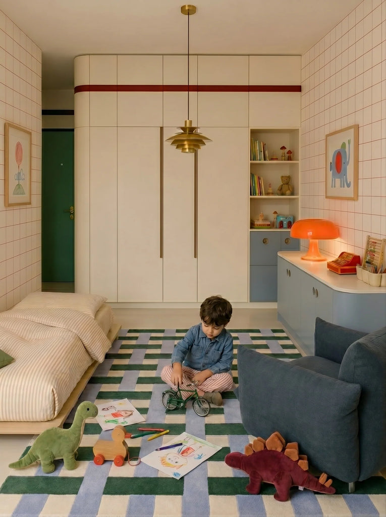 A young child sits on the Little Forest Animals Silk Rug by The Weave in a cozy, pastel-colored bedroom filled with toys, books, dinosaur plushies, and scattered drawings. Soft lighting and modern furniture add to the warm, playful atmosphere.