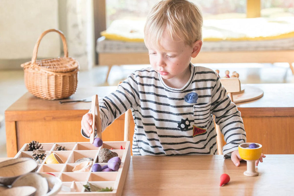 A young boy in a striped shirt uses tongs to sort natural items and purple wooden eggs on the Grapat Tinker Tray, with a wicker basket and Montessori materials encouraging loose-part play in the background.