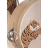 A Konges Sloejd Music Set Petite - Tiger tambourine featuring a glittery tiger illustration and a silver metal cymbal, designed as a toddler music toy.