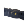 A dark blue wooden segment from the Konges Sloejd Music Set Petite - Tiger, decorated with a glittery tiger and gold and white stars.